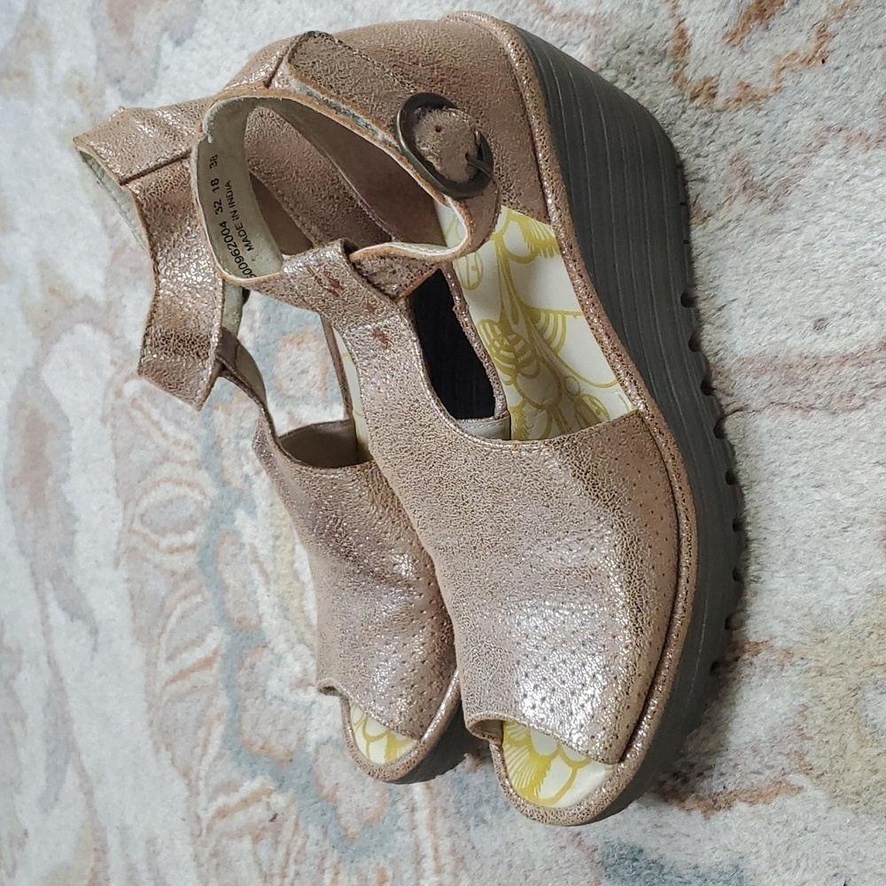 Fly London Luna Metallic Perforated Wedge Sandals